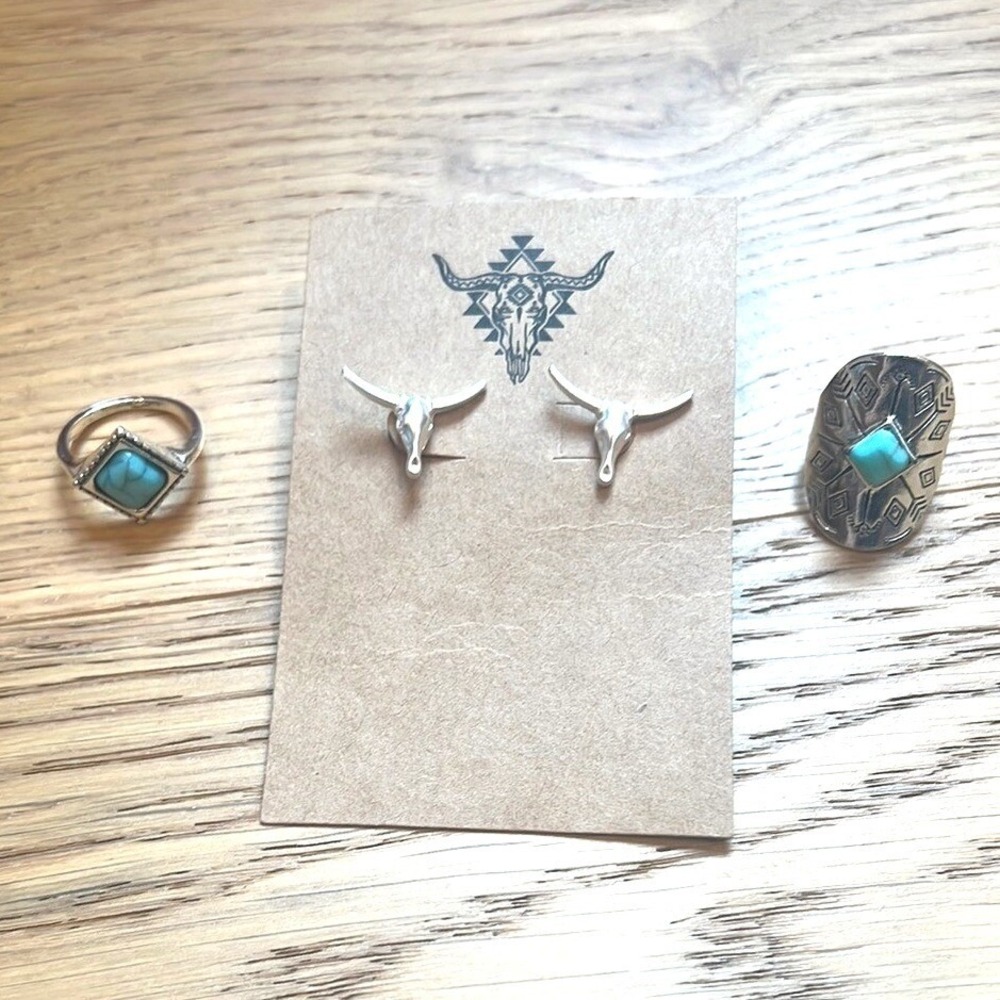 Western Jewelry Set Silver Tone Steer Skull Earrings Turquoise Style Rings 3pc